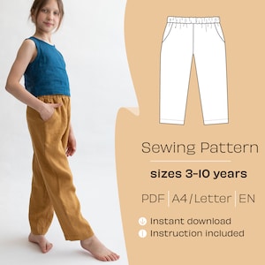 Patrón de costura de pantalones fácil para niños, Patrón de pantalones con bolsillos, Patrón de costura de pantalones A4/Carta, Patrón para bebés principiantes, 3-10 años