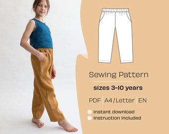 Children's Pants Sewing Pattern with Pockets, Beginner, Sizes 3-10Y (PDF Pattern)