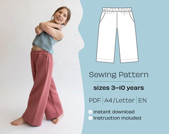 Girl's Pants Sewing Pattern with Pockets, 8 Sizes (PDF Pattern)