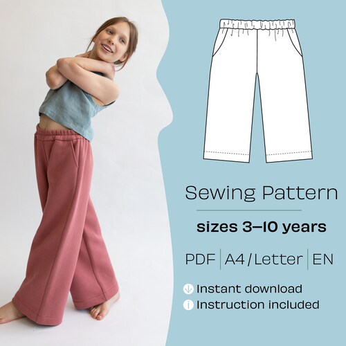 Girl's Pants Sewing Pattern with Pockets, 8 Sizes (PDF Pattern)