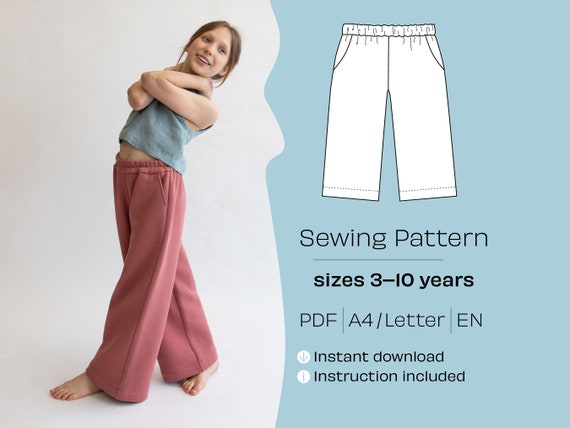 Girl's Pants Sewing Pattern with Pockets, 8 Sizes (PDF Pattern)