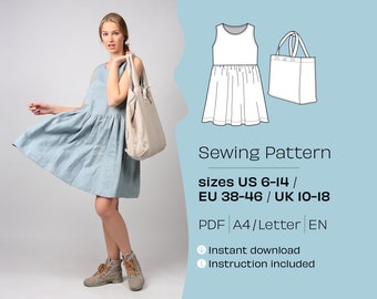 Dress and Tote Bag Sewing Patterns, US 6-14 (PDF Pattern)