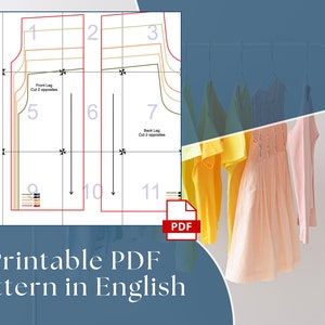 May include: Printable PDF sewing pattern in English for a garment with numbered pieces. The pattern is on a white background with red, orange, yellow, green, and black lines. The text "Front Leg Cut 2 opposites" and "Back Leg Cut 2 opposites" is visible on the pattern.