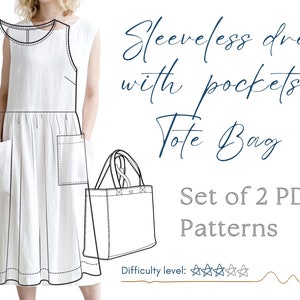 Long Dress AND a Tote Bag Sewing Patterns. Set of A4 PDF sewing patterns. Printable sewing patterns. Do It Yourself sewing patterns.