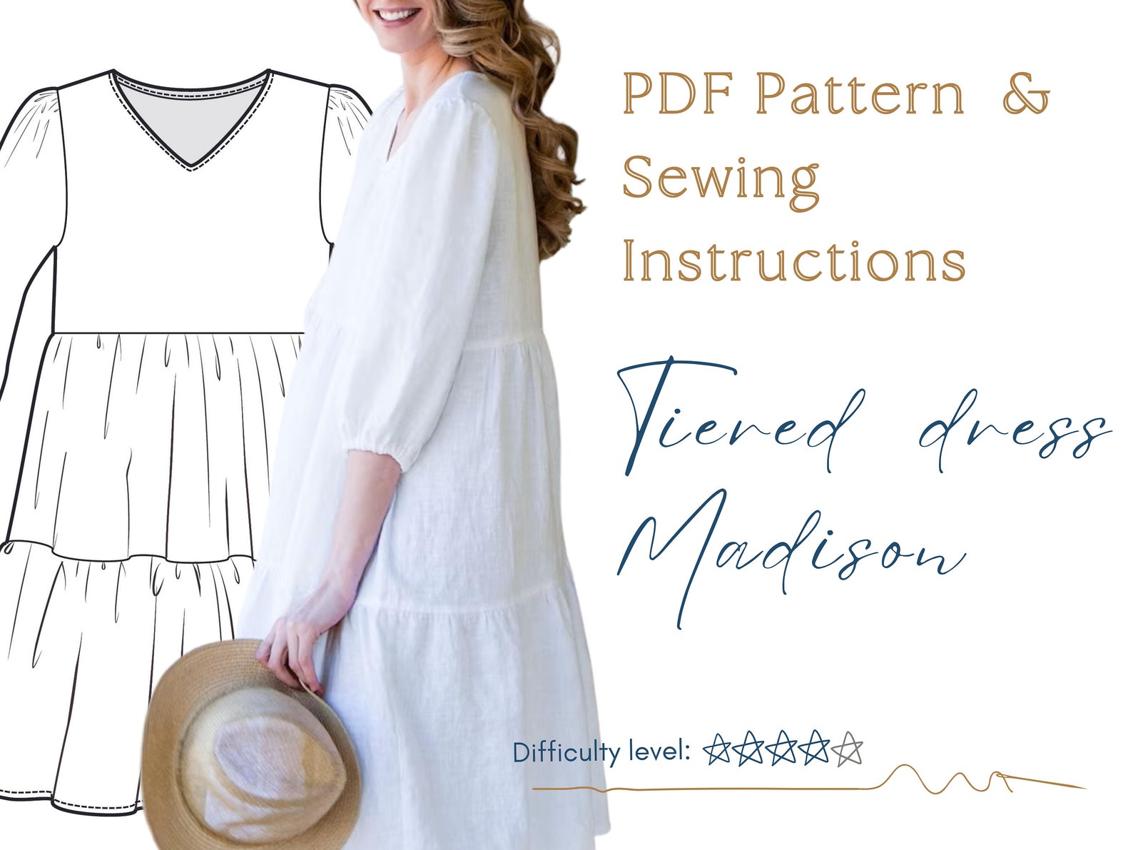Tiered Dress Sewing Pattern. A4 PDF Sewing Patterns. DIY Tiered Dress