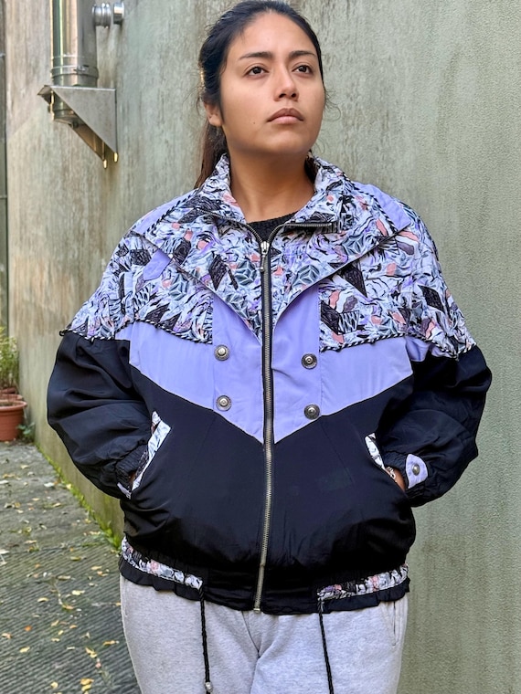 Vintage 80s Windbreaker: Abstract Sport Track Jacket, Black