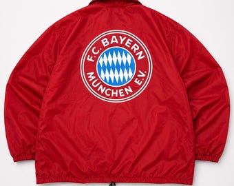 Vintage 90er Jahre Bayern München Windbreaker Jacke: Rote Oversize Coach Jacke FC Bayern München Nylon Jacke Retro Fußball Fußballjacke XLarge