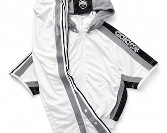 Vintage Adidas Early 90s White Womens Tracksuit Set: Hooded Short Sleeve Jacket and Snap Button Pants
