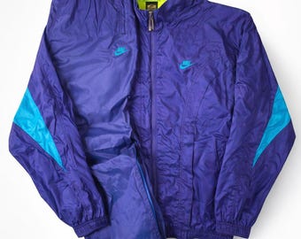 Vintage Nike 90er Jahre Colorblock Trainingsanzug Set Lila: Nylon Windbreaker Jacke Hose Unisex Rave Gabber Streetwear