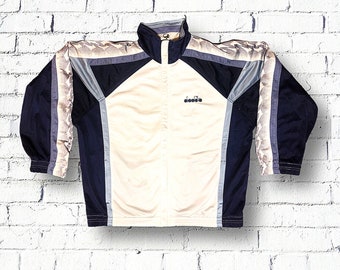 Diadora Herren-Trainingsjacke, Vintage 90er-Jahre, Übergröße – geometrische weiße Farbe – Trainingsjacke, Sport, Jogging, Training – Größe L