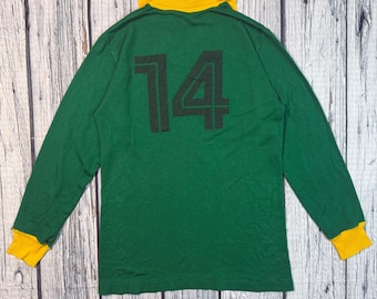 Vintage 70s Football Shirt Y2K Yellow and Green retro polo Men&#39;s unisex soccer shirt cotton long sleeve Small Medium pre-owned VTG
