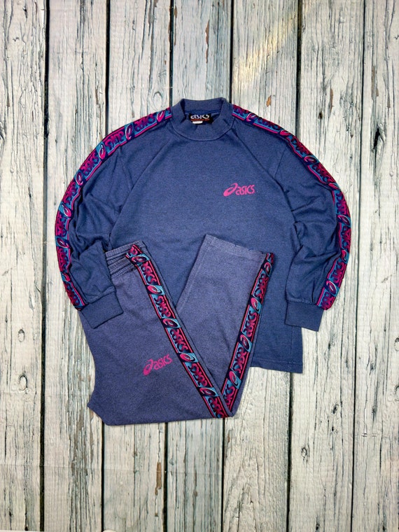 Vintage Asics Tracksuit 90s Asics Cotton Jumpsuit Purple Women's  Tracksuit with fuchsia stripe logos Cotton Sports Suit y2k Size S used