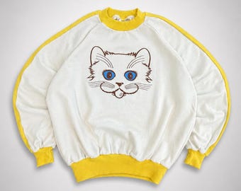 vintage des années 1980 Philips Promo Cat Sweatshirt XL : coupe carrée jaune blanc graphique ras du cou