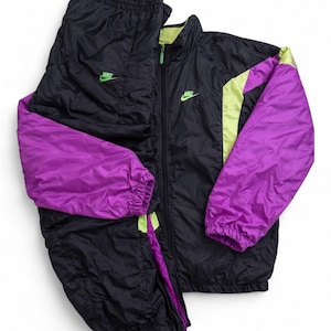 Vintage Nike 90s Colorblock Tracksuit Set Black Purple Neon Green