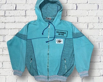 Vintage Adidas Hoodie 80s - Blue Melange Zip-Up - Small