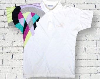 Sergio Tacchini Vintage Polo T-shirt, Fantasy Tennis Multicolour, maat M, vintage polo, tennispolo, geometrische polo, jaren '90 polo