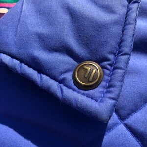 May include: Close-up of a blue quilted jacket with a gold metal button featuring the letter "T".