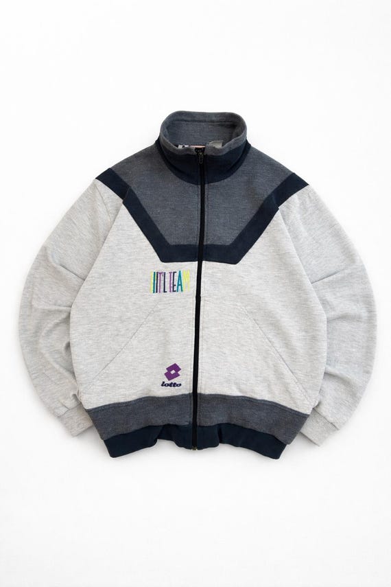 Lotto, Vintage Lotto Zip Sweatshirt 80s 90s Boxy Oversize Fit: Sweater Grey Colorblock Intenational Team Embroidery Tennis Retro Sportswear