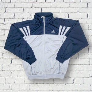 Adidas Jacke Vintage 90er Y2K Oversize Unisex Trainingsanzug Blau und Grau Geometrisch - Trainingsjacke Sport Jogging Training - Größe L