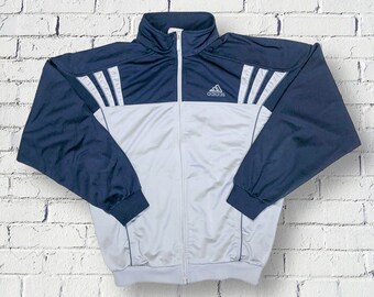 Adidas Jacke Vintage 90er Y2K Oversize Unisex Trainingsanzug Blau und Grau Geometrisch - Trainingsjacke Sport Jogging Training - Größe L