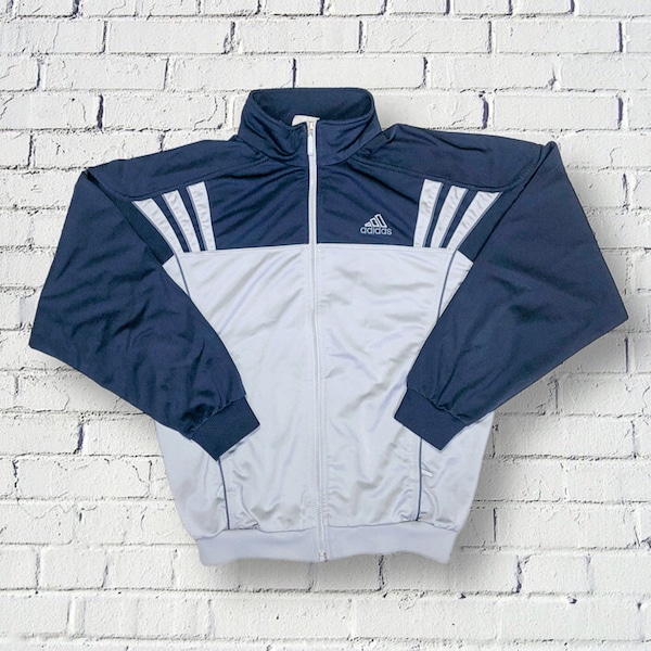 Adidas Jacket Vintage 90s Y2K Oversize Unisex Tracksuit Blue and Gray Geometric - Track Jacket Sports Jogging Training - Size L