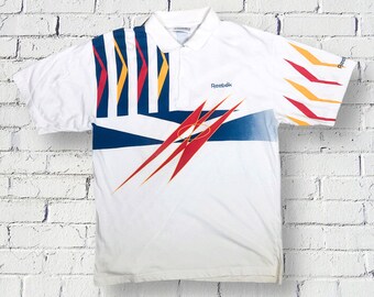 Reebok Vintage Polo T-shirt, Fantasy Tennis Multicolour, maat L, vintage polo, tennispolo, geometrische polo, jaren 90 polo