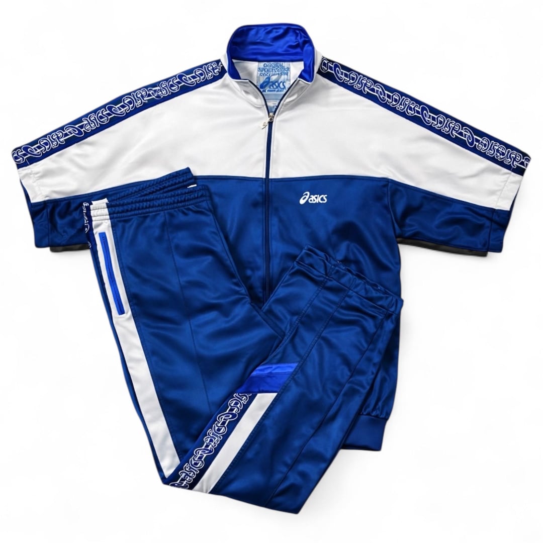 Vintage ASICS 2000s Tracksuit Set White Blue XXL 3XL: Short Sleeve