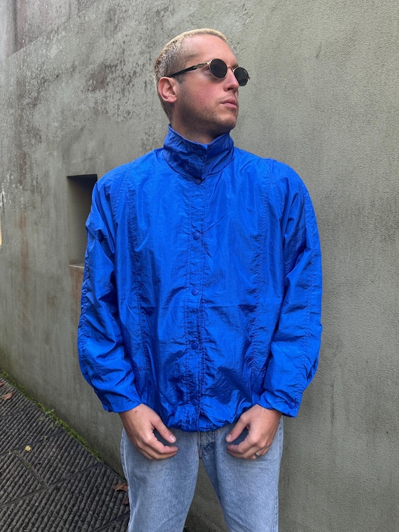 Vintage 90s Nylon Windbreaker Men's Y2K Outdoor Blue Shiny Jacket