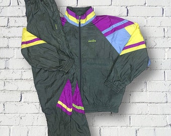 Tracksuit Diadora Vintage Sport Multicolor Geometric 90s Oversize for Training Running Jogging complete sports suit for men Size XL