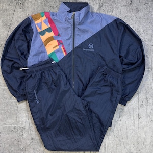 Vintage Sergio Tacchini 90s Colorblock Tracksuit Set Navy Blue