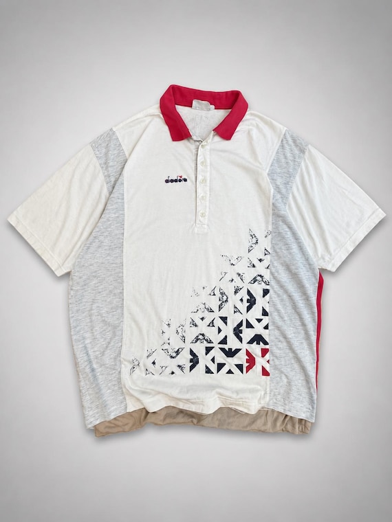Diadora, Vintage 90s Diadora Tennis Polo Shirt: XL Color Block Graphic Gabber Raver retro sportswear
