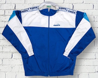 Vintage Diadora Jacke Herren Trainingsanzug 90er Jahre Oversize / Blau Weiß Geometrisch / Trainingsjacke Sport Logo Training Retro / Größe L
