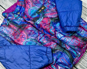 Vintage Multicolor Abstract Puffer Bomber Jacket: Removable Sleeves
