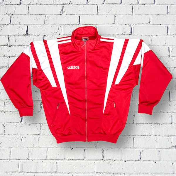 Adidas Jacket Vintage 90s Y2K Unisex Tracksuit Red White Geometric - Track Jacket Sport Jogging Retro Running VTG - Size L