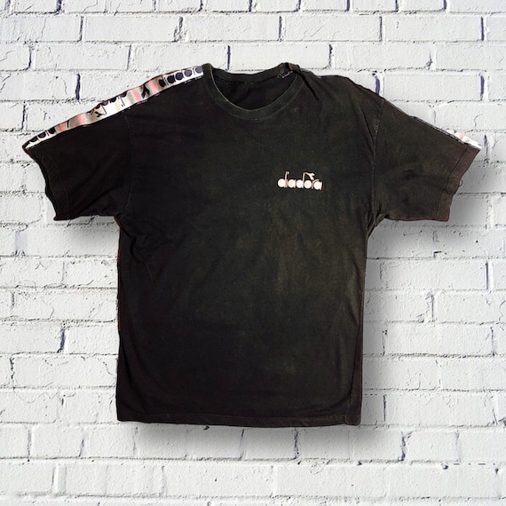 Diadora, Vintage Diadora T-Shirt: 90s Black Sports Tee, Medium Oversized