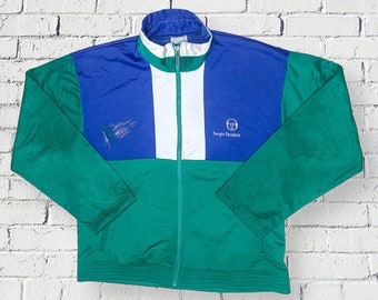 Sergio Tacchini Jacke Vintage 90er Jahre Y2K Trainingsanzug Mehrfarbig Sport Grün Unisex Sport Laufen Gym Training Retro Größe S Oversize