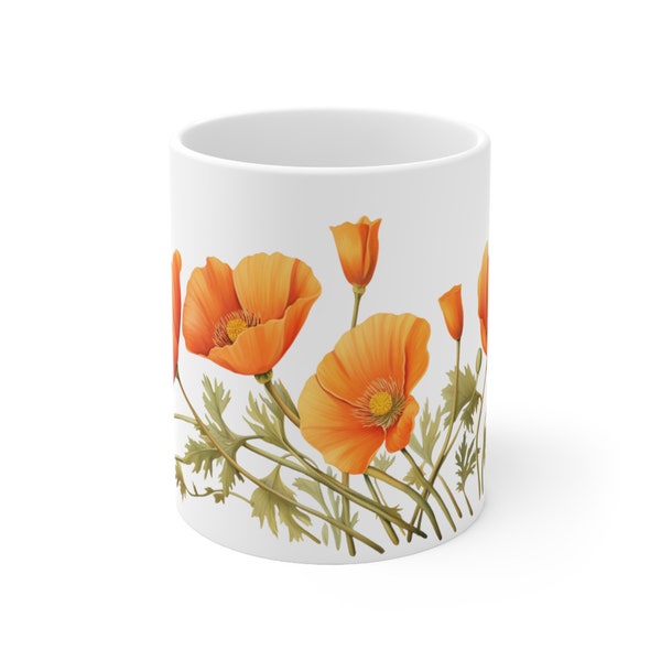 California Poppy Coffee & Tea Mug, Native Plant Garden, Native Flower, Botanical Cottagecore Vintage illustration