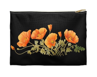 Pochette d’accessoires California Poppy Black, sac de maquillage et cosmétique, étui à crayons, jardin de fleurs indigènes, illustration vintage Botanical Cottagecore