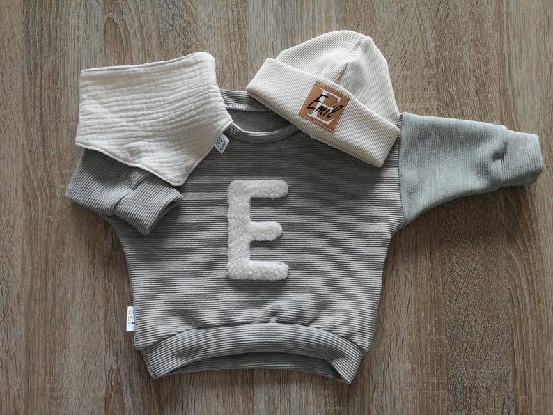 Baby and children's oversize sweater with initial, personalized sweater, rib jersey, teddy plush Gray