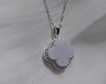 100 % Authentic Jadeite Jade Four Leaf Clover Pendant in Light Lavender Purple