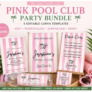 Rosa poolpartypaket, redigerbara Canvasmallar, poolklubbens födelsedagsinbjudan, välkomstskylt, dryckesmeny, etikett och etikett för vattenflaska