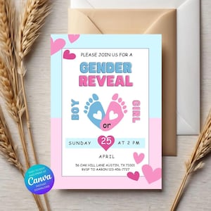 Gender Reveal Invitation | Editable Template | Pink or Blue, He or She Canva Template