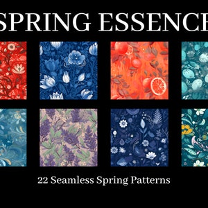 Può includere: Un set di 22 motivi primaverili senza cuciture che presentano disegni floreali in vari colori, tra cui rosso, blu, verde e arancione. I motivi sono disposti in un formato a griglia e sono etichettati "Spring Essence".