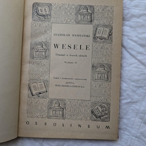 May include: A black and white book cover with the title "Wesele" by Stanislaw Wyspianski. The cover features a repeating pattern of a building and an open book.