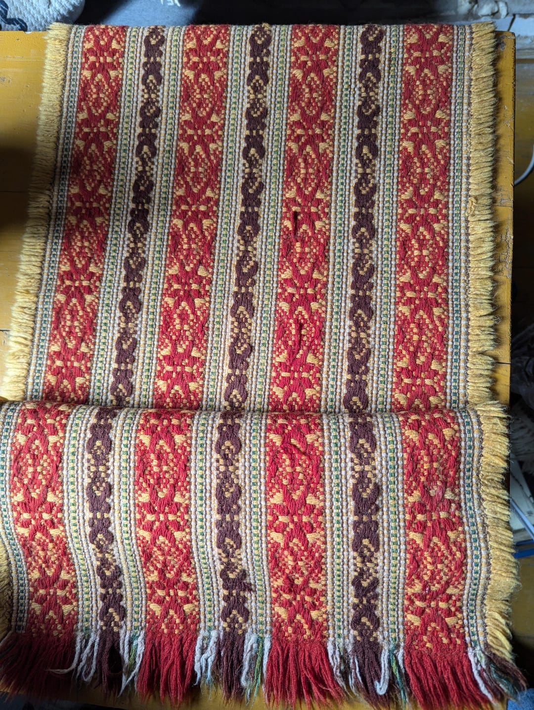 Polish Rinner 1970 Cepelia Polish Folk Art. Handwoven Fringed Runner. Woolen Armchair ...