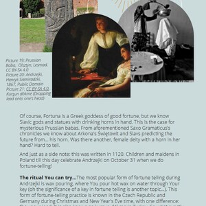 May include: A vintage illustration of a woman pouring wax into a bowl, with text about the tradition of Andrzejki, a Polish fortune-telling celebration on 31st October.