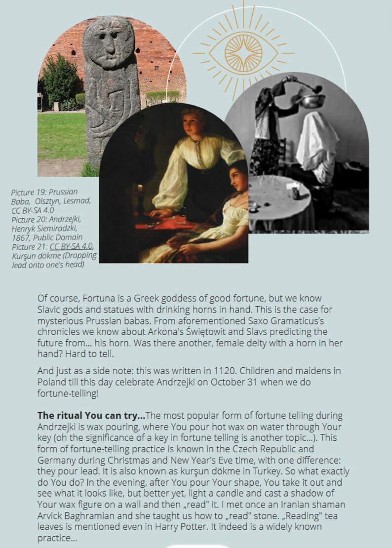 May include: A vintage illustration of a woman pouring wax into a bowl, with text about the tradition of Andrzejki, a Polish fortune-telling celebration on 31st October.