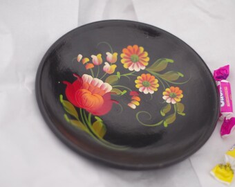 Small Slavic Wooden Handpainted Floral Plate Bowl! Góralskie Highlanders of Poland from Krakow Region but in Kokhloma Style