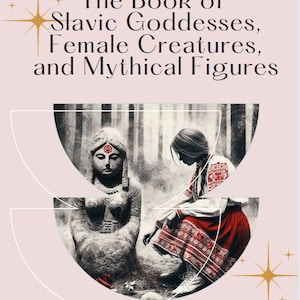 May include: A book cover with the title "The Book of Slavic Goddesses, Female Creatures, and Mythical Figures" by Sonia Grodek. The cover features a woman in a red and white dress kneeling in front of a stone statue of a woman with a red dot on her forehead.
