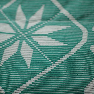 Op de afbeelding: Close-up van een teal en witte geweven stof met een geometrisch patroon. De stof heeft een textuur en een herhalend patroon van witte sterren op een teal achtergrond.